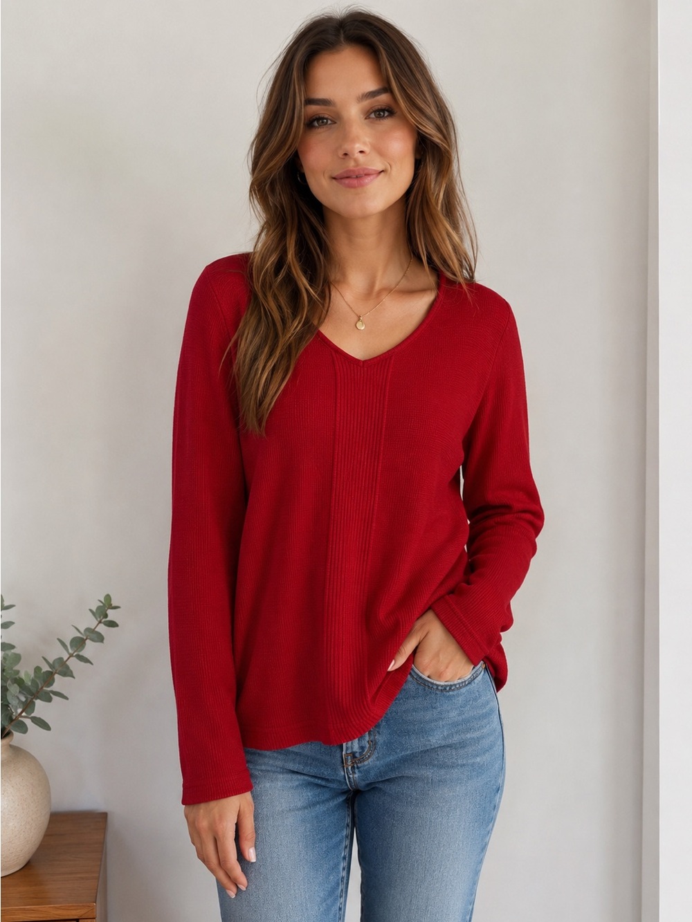 Speculation Red V Neck Ribbed Knit Sweater Top Women’s XL Long Sleeve
